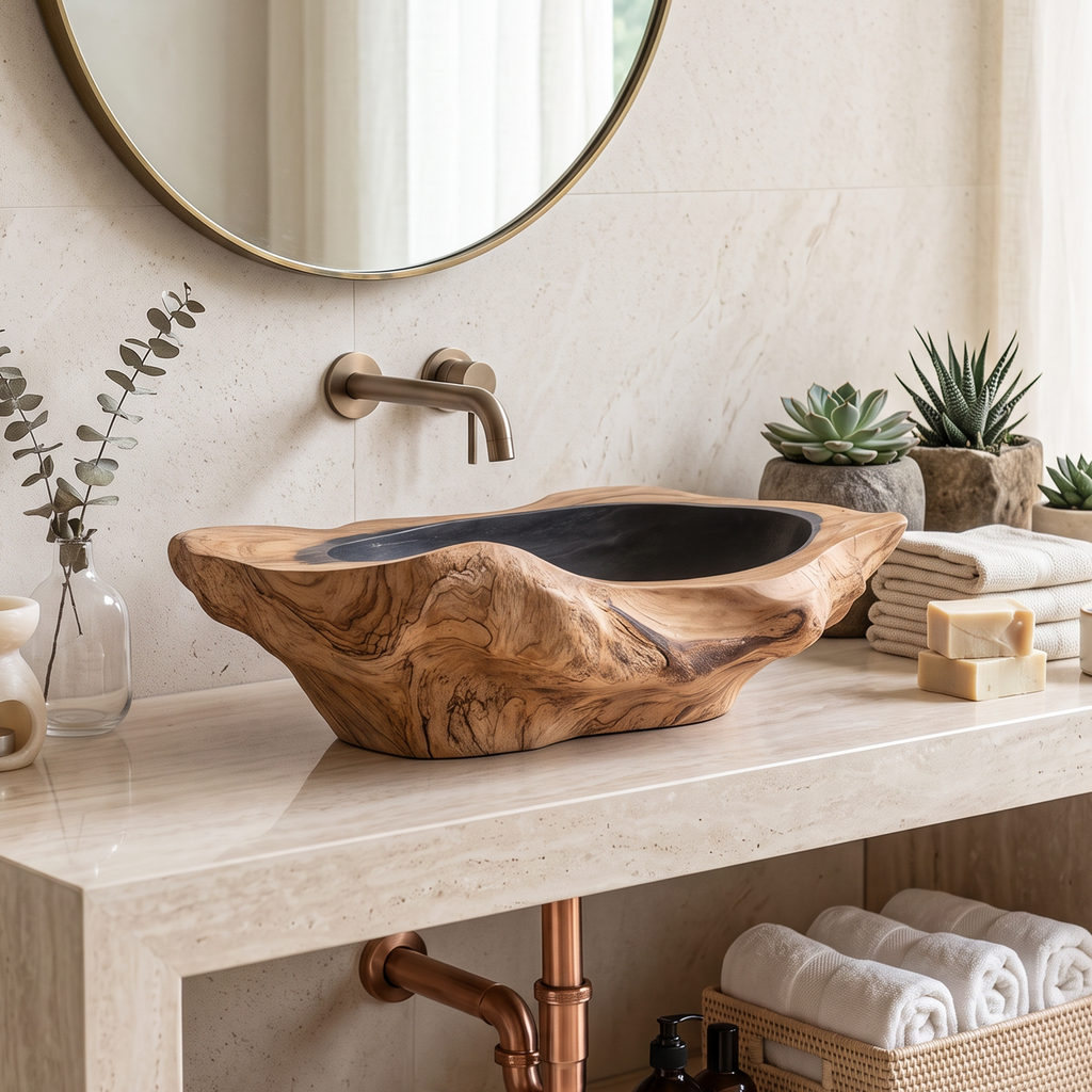 Hand-Carved Solid Hardwood Vessel Sink with Water-Resistant Seal