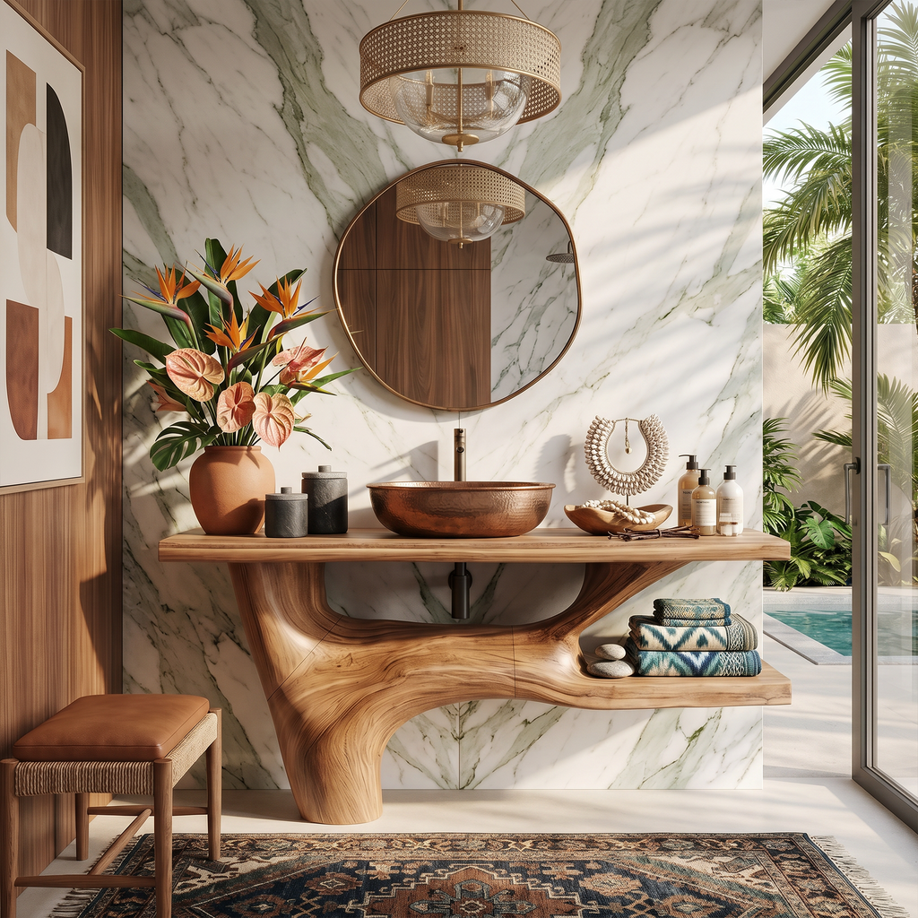 Handcrafted Solid Wood Bathroom Vanity in Natural Rustic Style