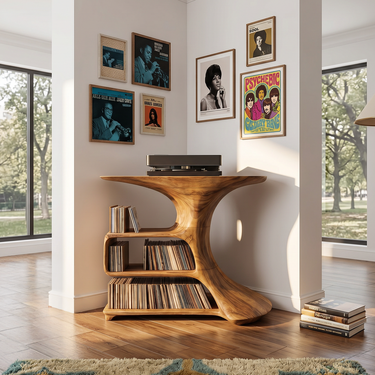 Mid-Century Hardwood Media Console and Record Stand for Bedroom