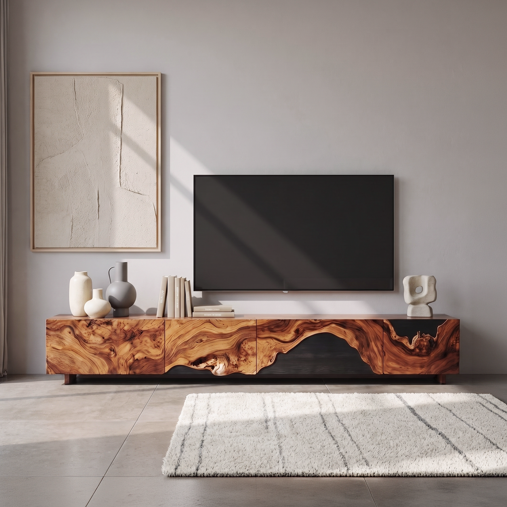 Floating Live Edge TV Console with Open Shelving