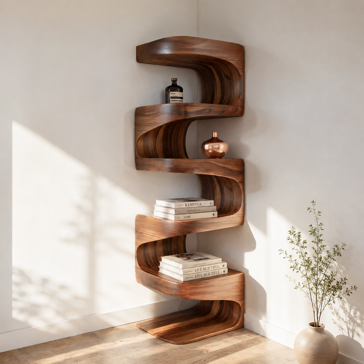 Modern Corner Wave Bookshelf in Solid Wood with Tiered Shelves