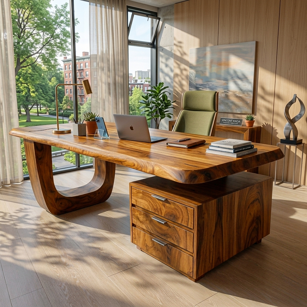 Minimalist Solid Wood Desk with Drawers and Curved Base