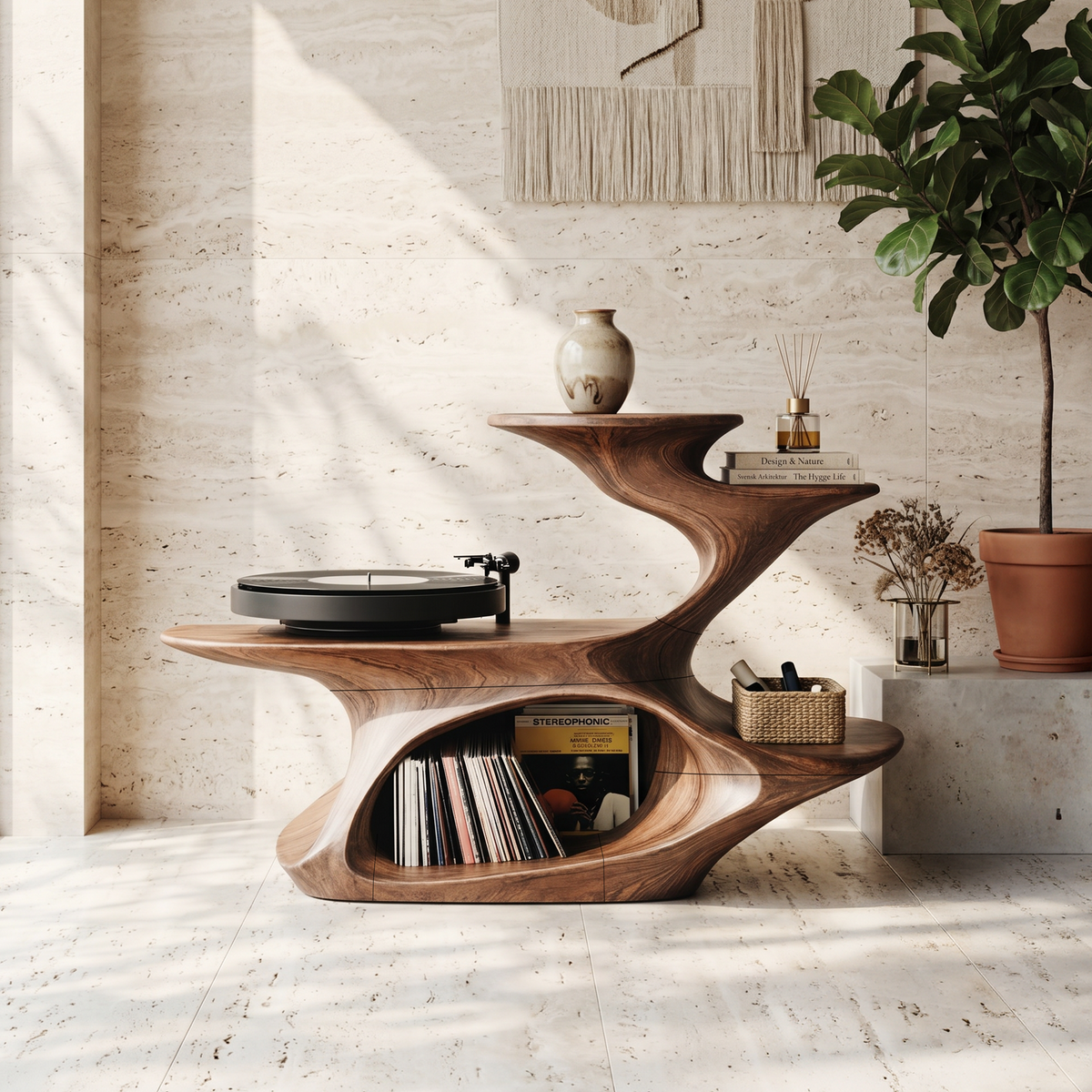 Live Edge Solid Wood Record Player Stand for Vinyl Collection
