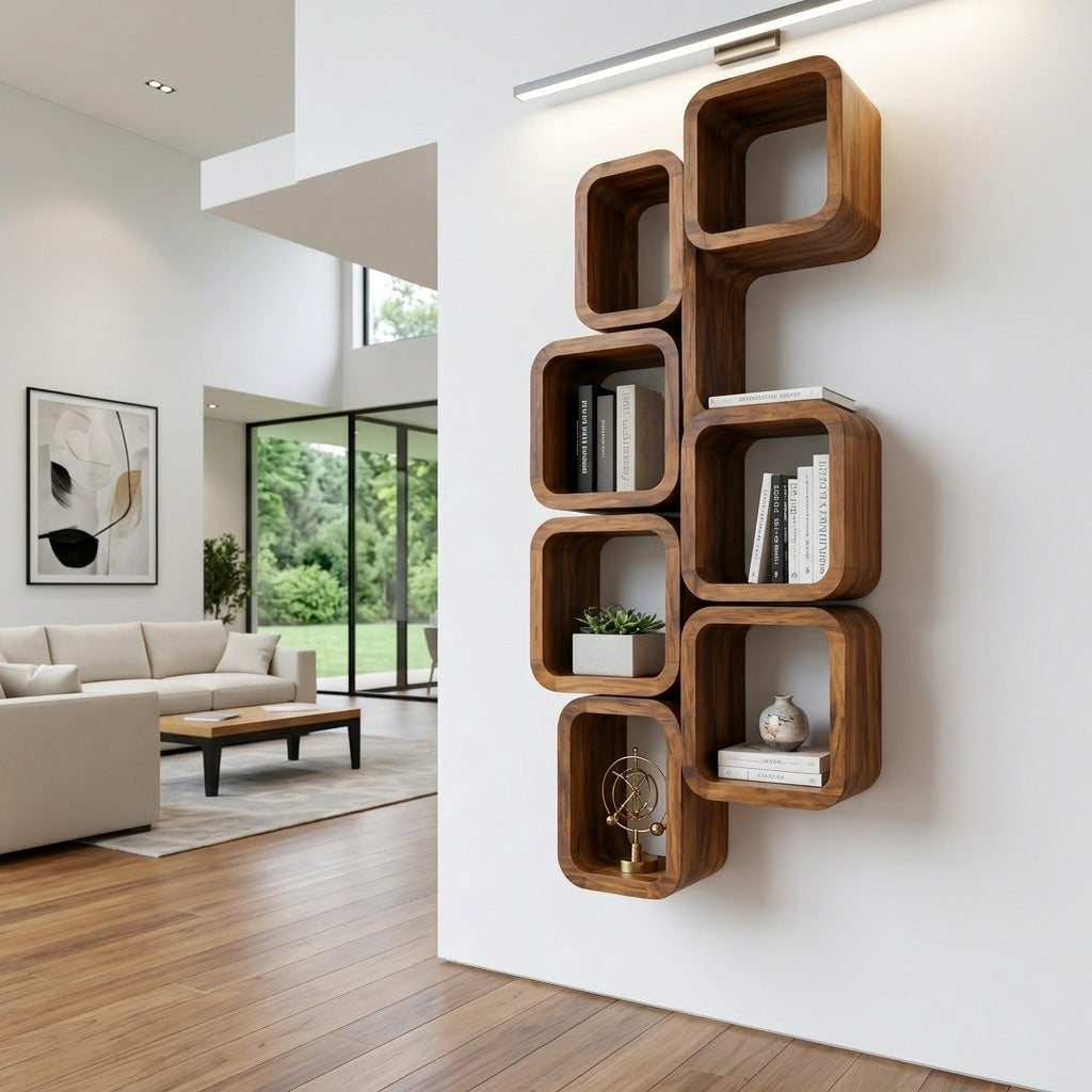 Wall-Mounted Solid Wood Bookshelf with Interlocking Squares