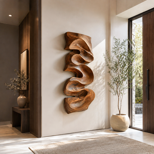 Carved Solid Wood Wall Art Panel with Cascading Curves