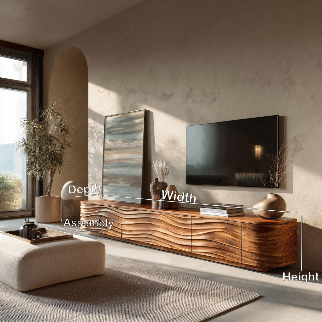 Low Solid Wood TV Stand with Carved Wave Front Doors - view 2