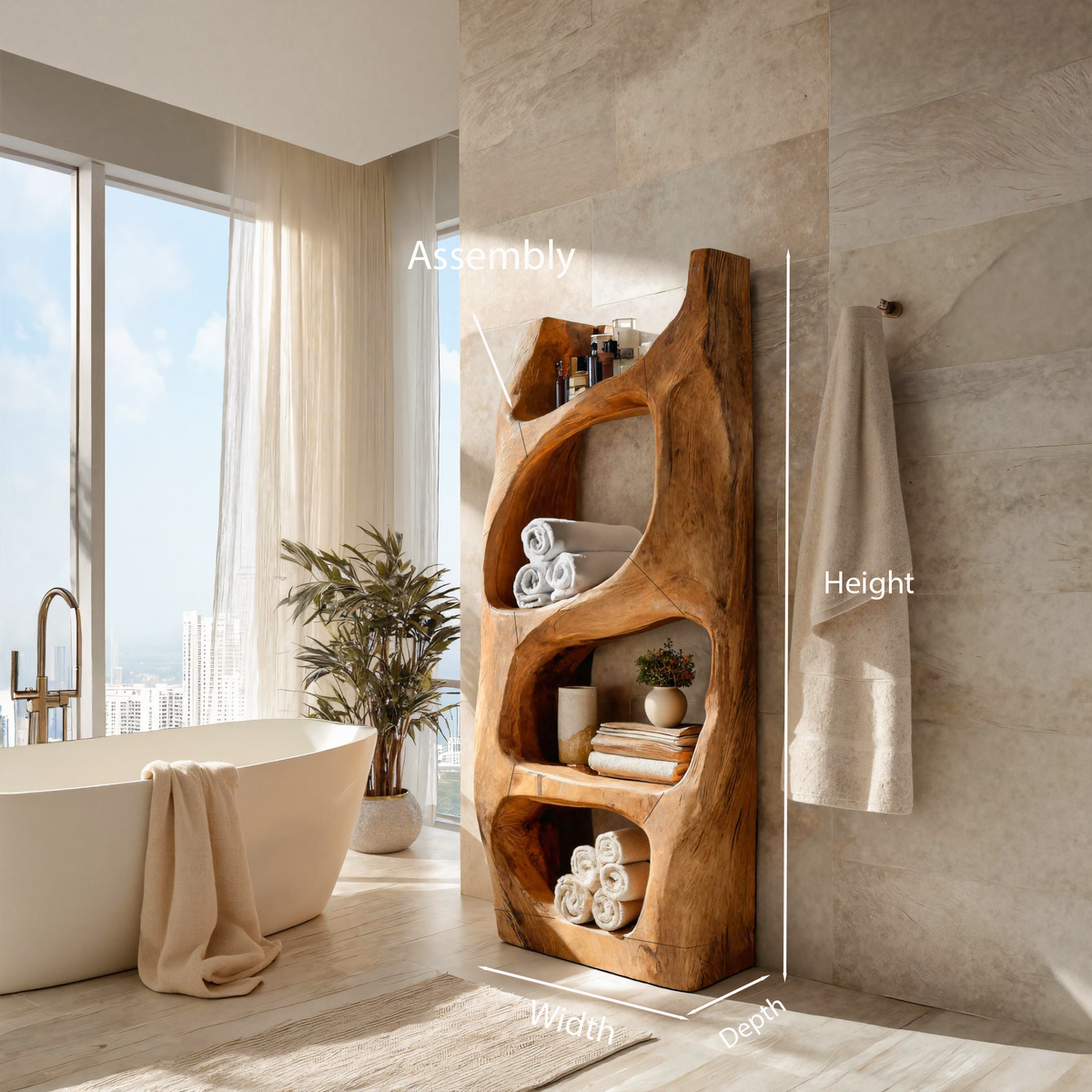 Hand-Carved Sculptural Solid Wood Bathroom Towel Shelf - view 8