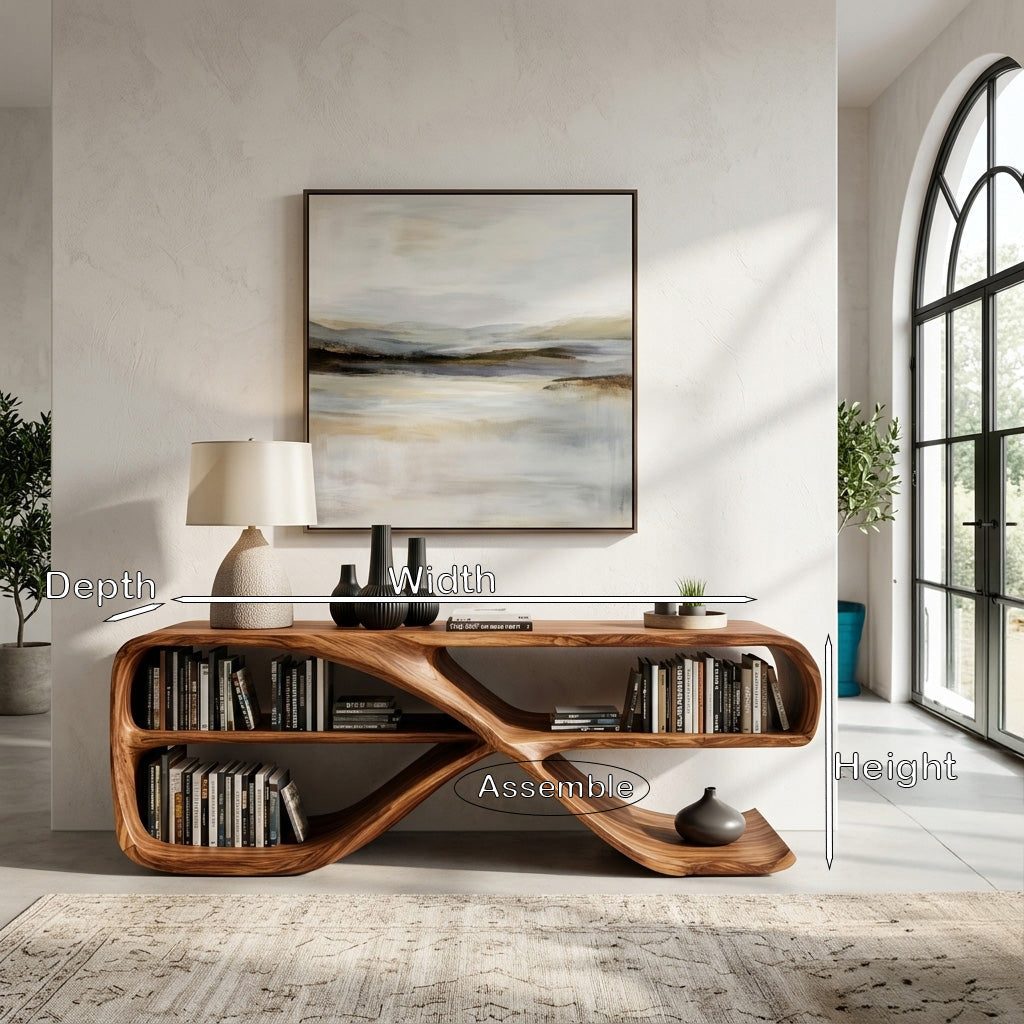 Modern Organic Wave Console Table in Solid Wood with Open Shelves - view 8