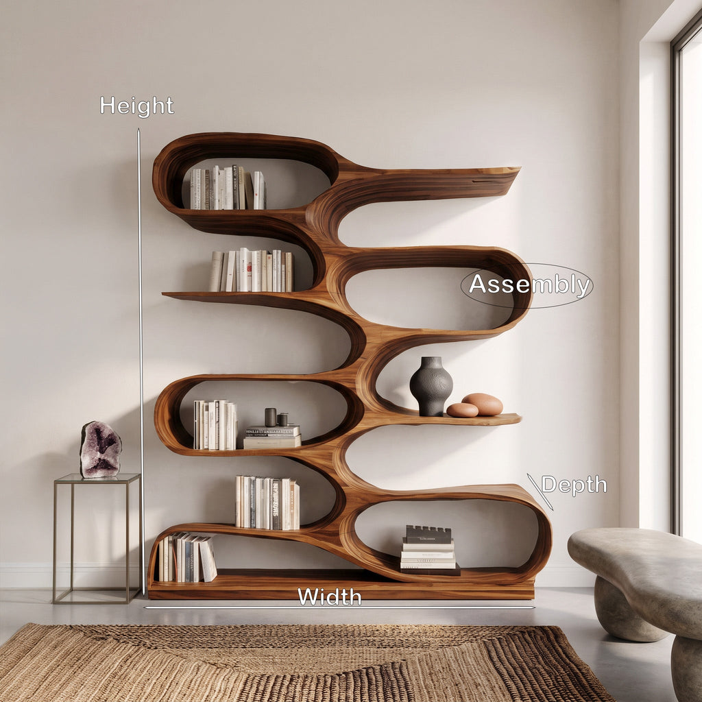 Organic Solid Wood Bookshelf with Wave-Shaped Curved Tiers - view 8