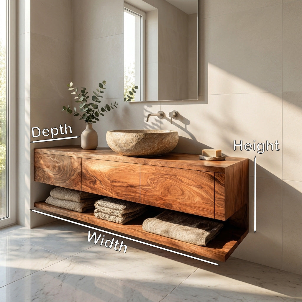 Mid-Century Solid Wood Floating Vanity with Drawers and Shelf - view 8