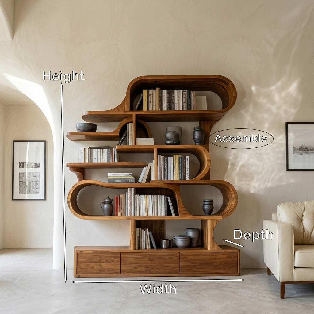 Curved Sculptural Solid Wood Bookshelf with Layered Shelves - view 8