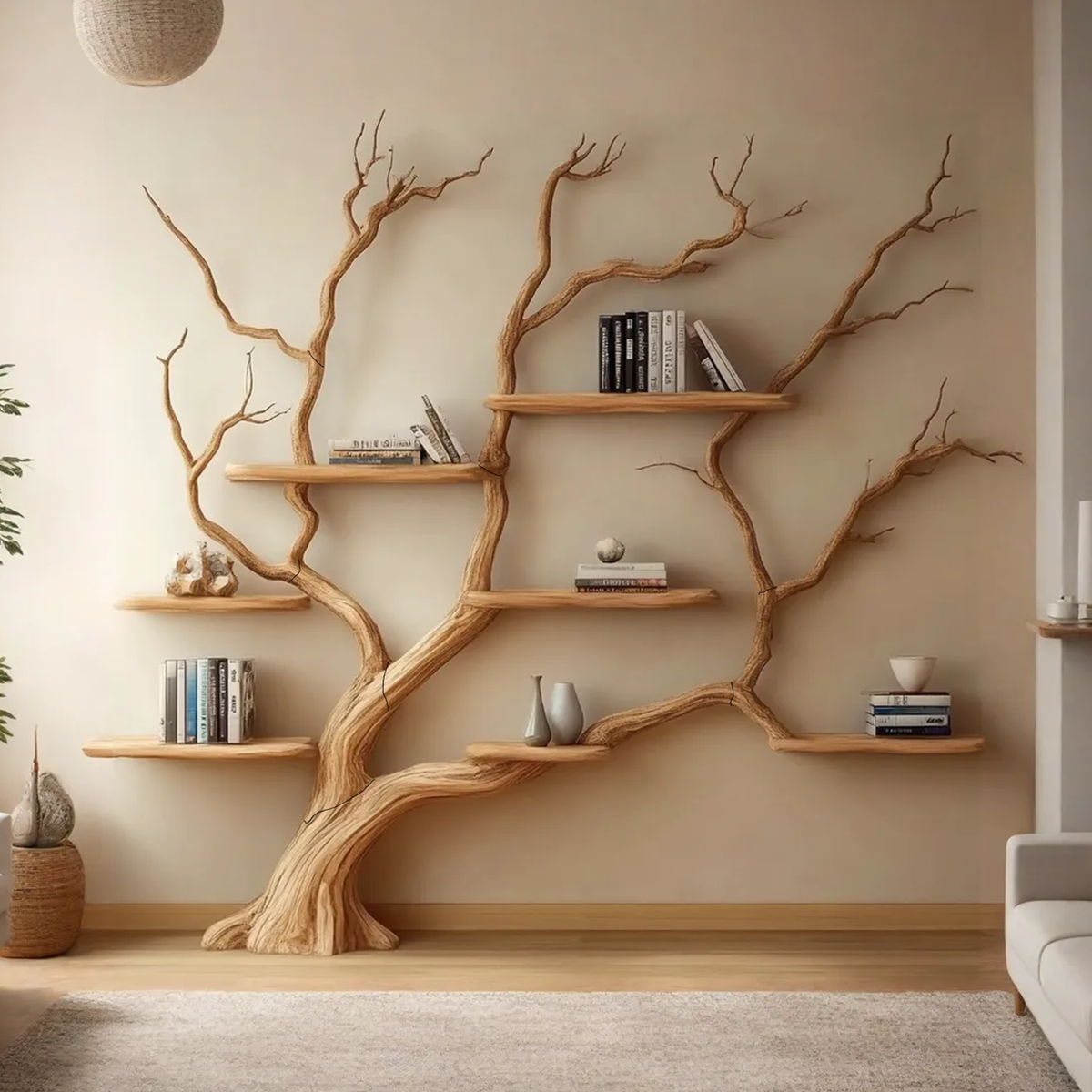 Rustic Wall Mounted Branch Tree Bookshelf for Living Room