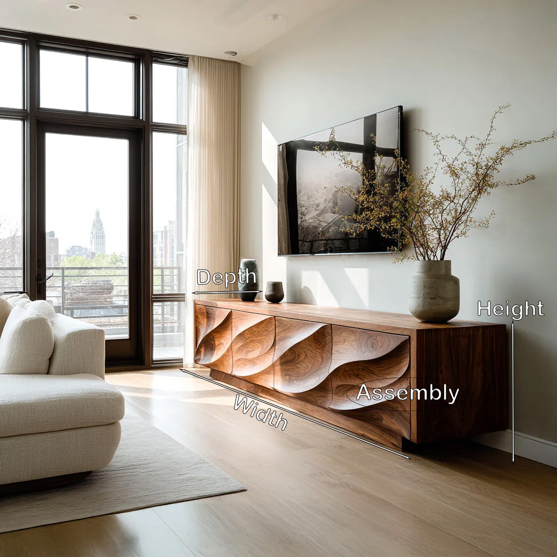 Solid Wood TV Cabinet with Carved Wave Doors - view 2