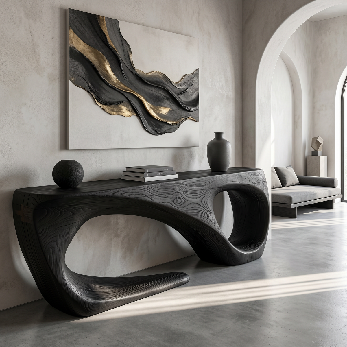 Rustic Solid Wood Console Table with Flowing Sculptural Base in Black finish