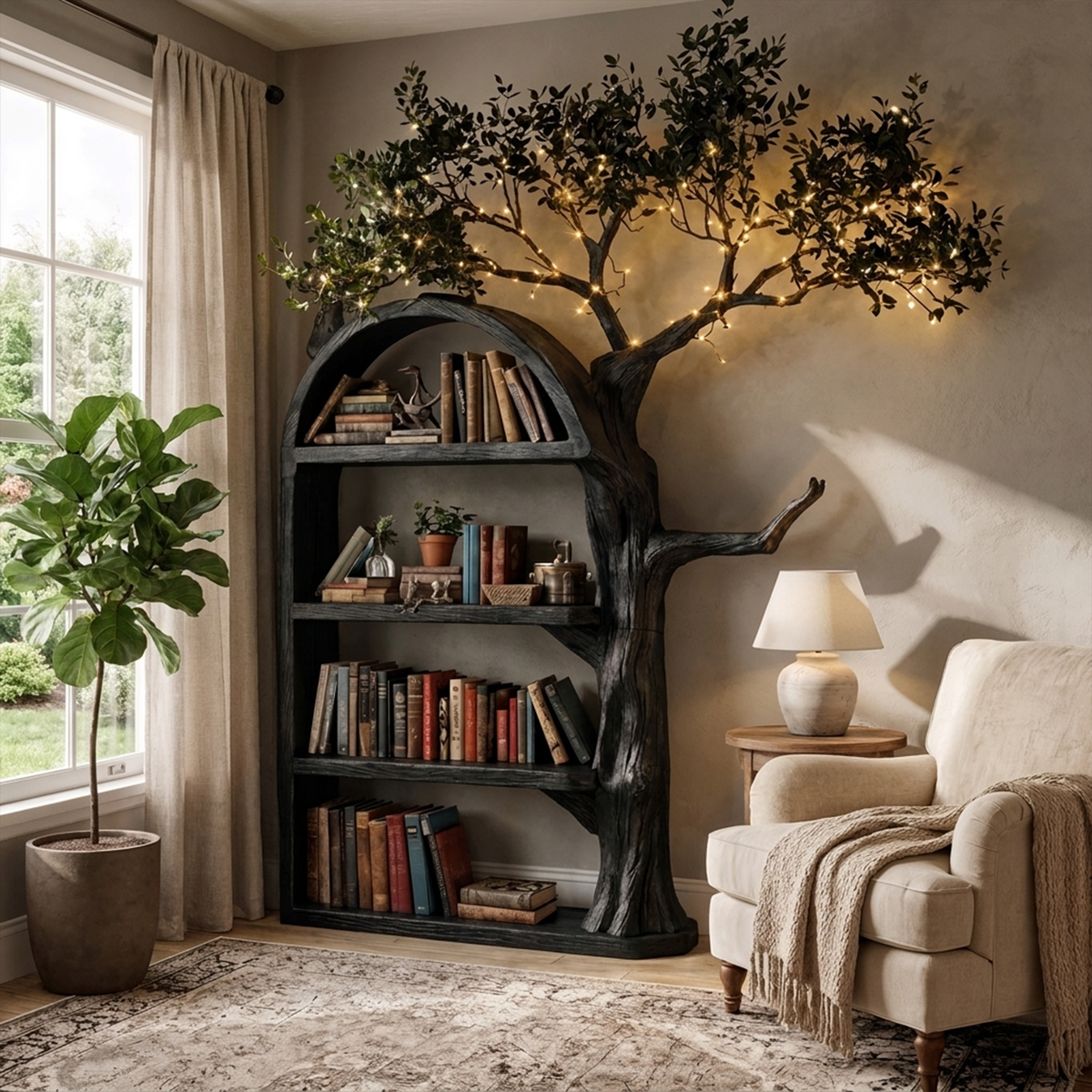 Rustic Tree Branch Wall Bookshelf with Hidden Brackets in Black finish