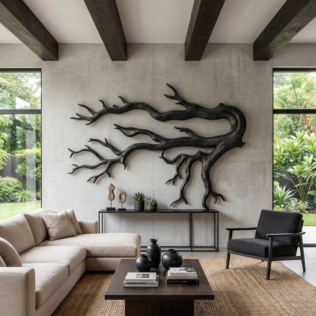 Driftwood Root Sculptural Wall Art in Solid Natural Wood in Black finish