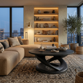 Round Solid Wood Coffee Table with Twisted Sculptural Pedestal in Black finish