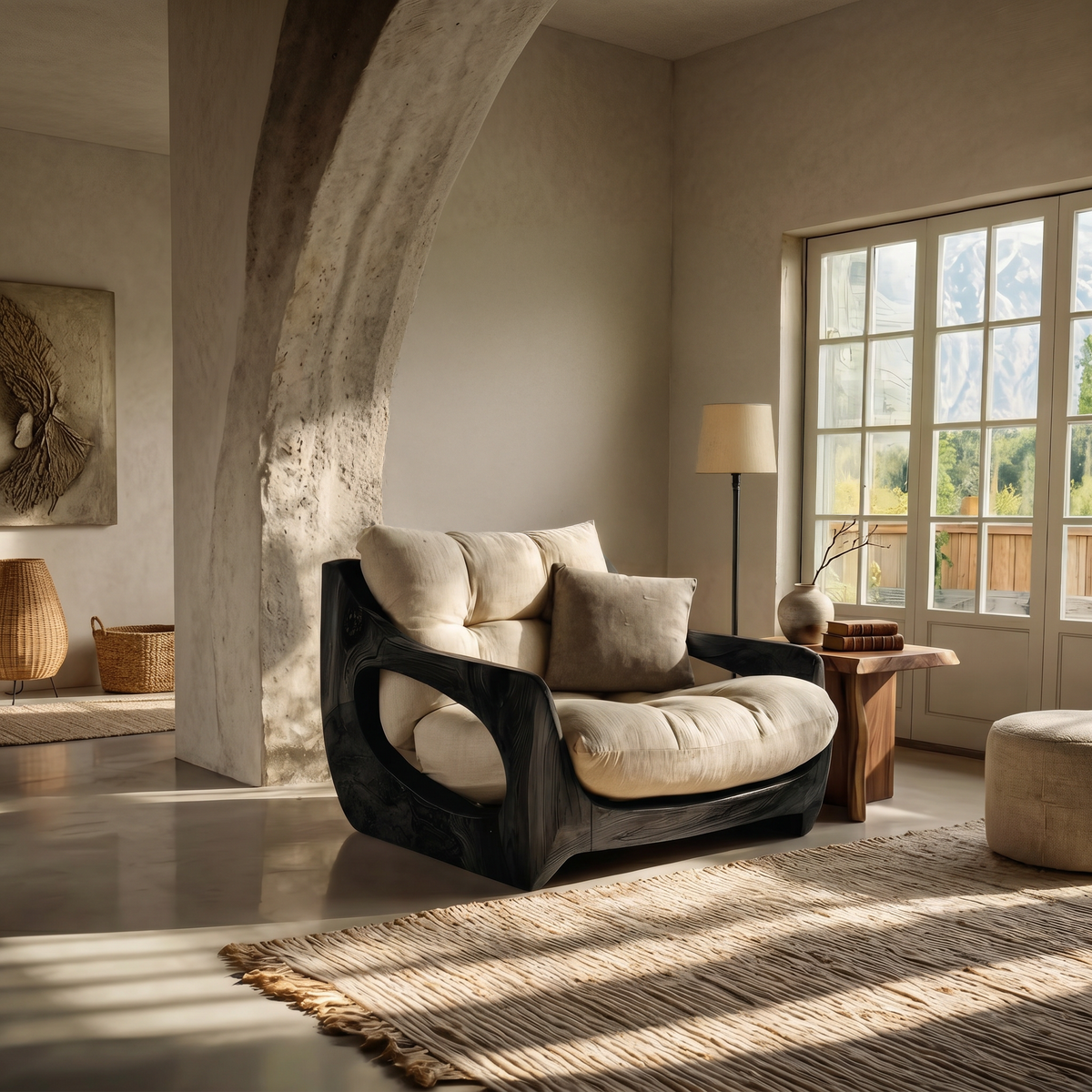 Modern Organic Carved Solid Wood Lounge Chair, No Cushions in Black finish