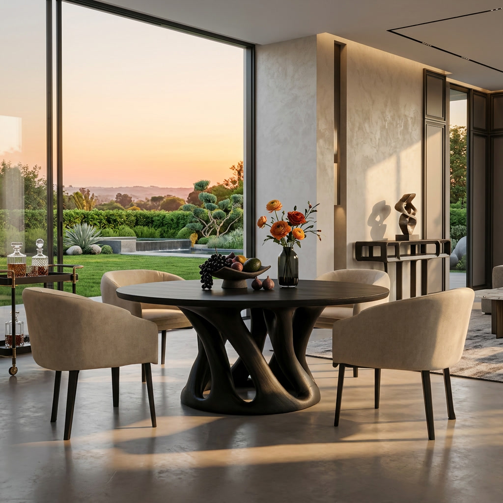 Solid Wood Round Dining Table with Intertwined Sculptural Pedestal in Black finish