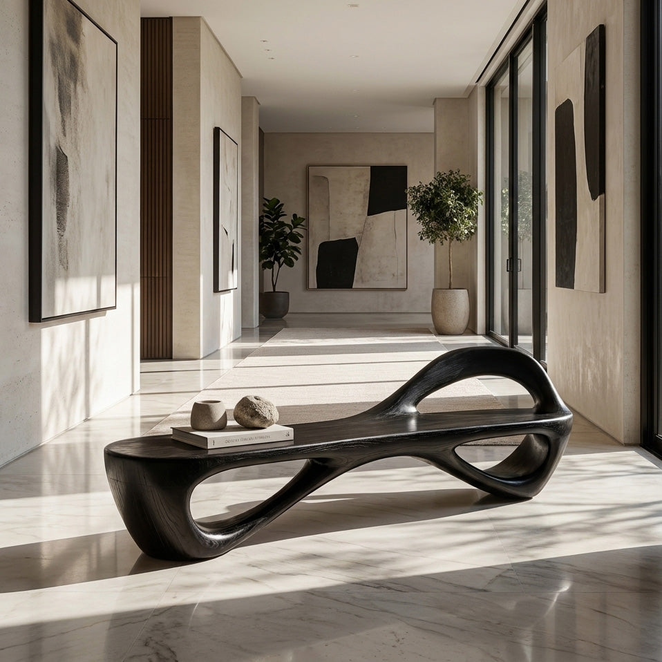 Sculptural Solid Wood Bench with Open Cut-Out Base for Living Room in Black finish