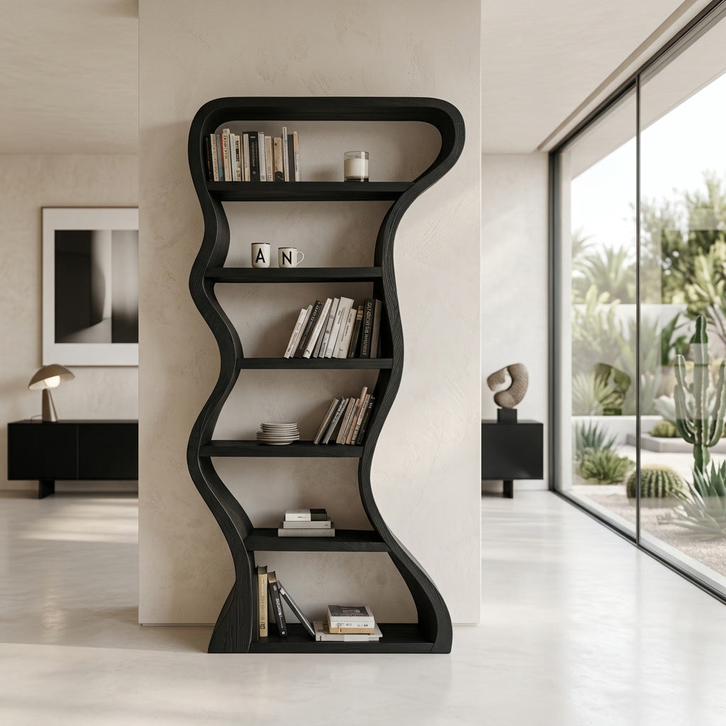 Tall Wavy Solid Wood Bookshelf with Organic Sculpted Sides in Black finish