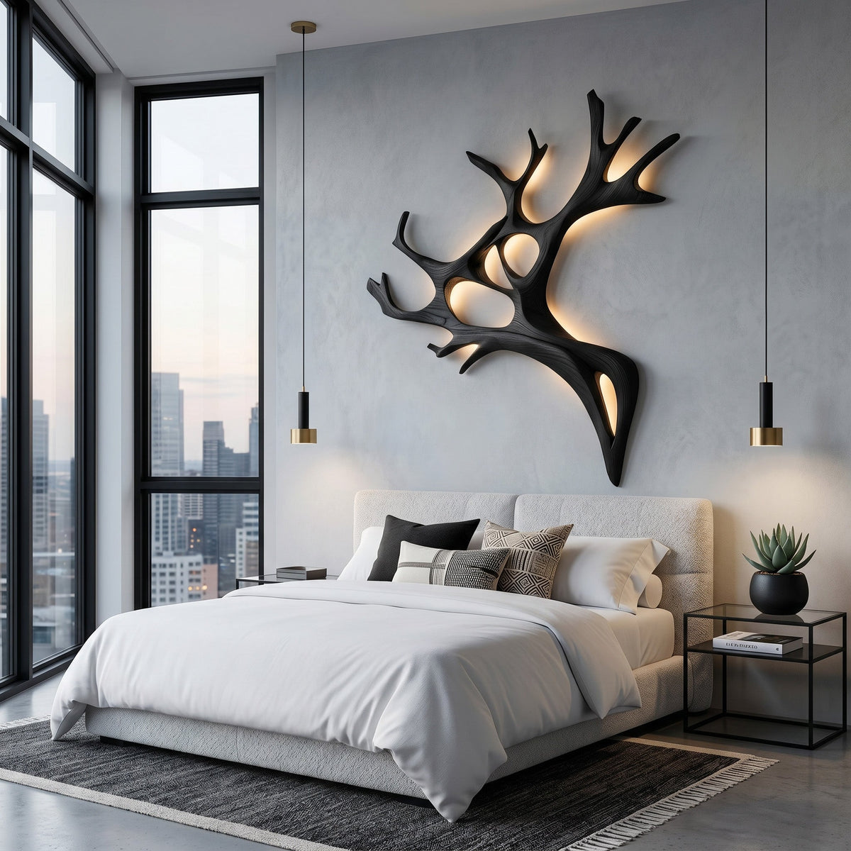 Sculptural Solid Wood Branch Wall Light with Warm Backlighting in Black finish
