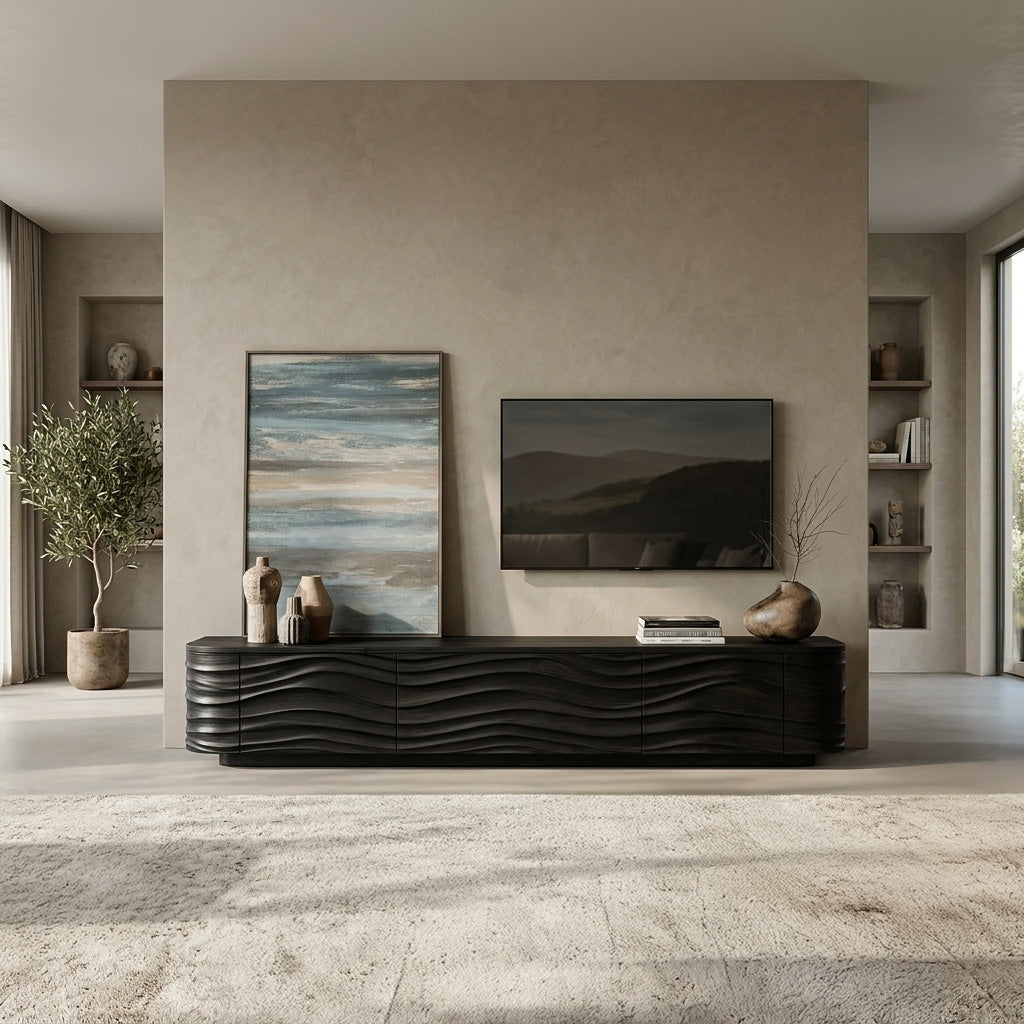 Low Solid Wood TV Stand with Carved Wave Front Doors in Black finish