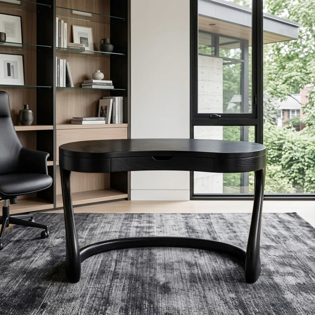 Sculpted Solid Wood Desk with Drawers for Minimalist Home Office in Black finish