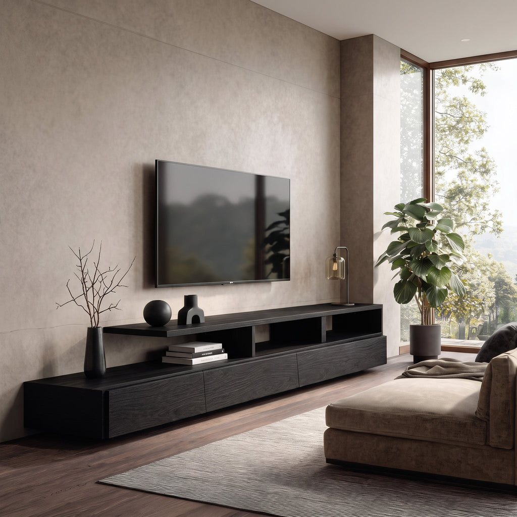 Low Solid Wood TV Console with Open Shelves and Cabinets in Black finish