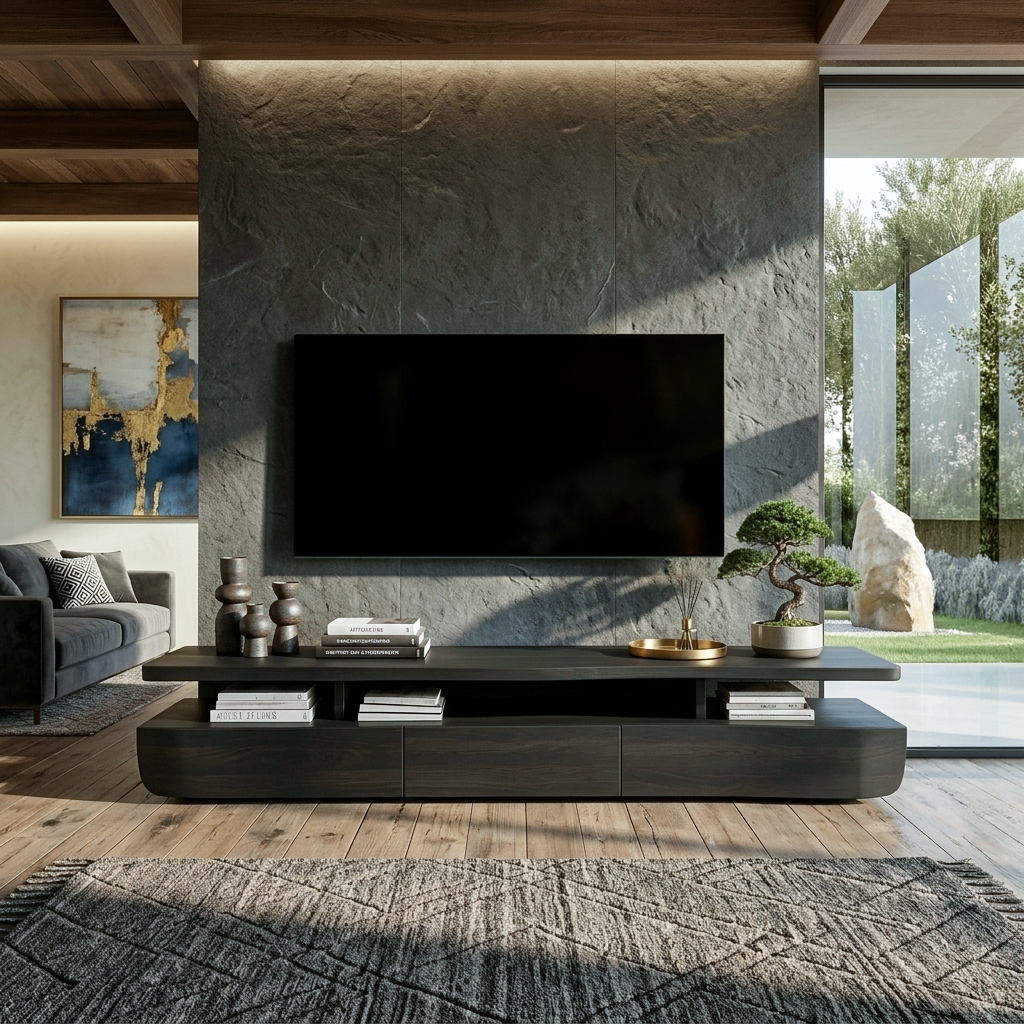 Contemporary Solid Wood TV Cabinet with Storage Drawers and Open Shelf in Black finish
