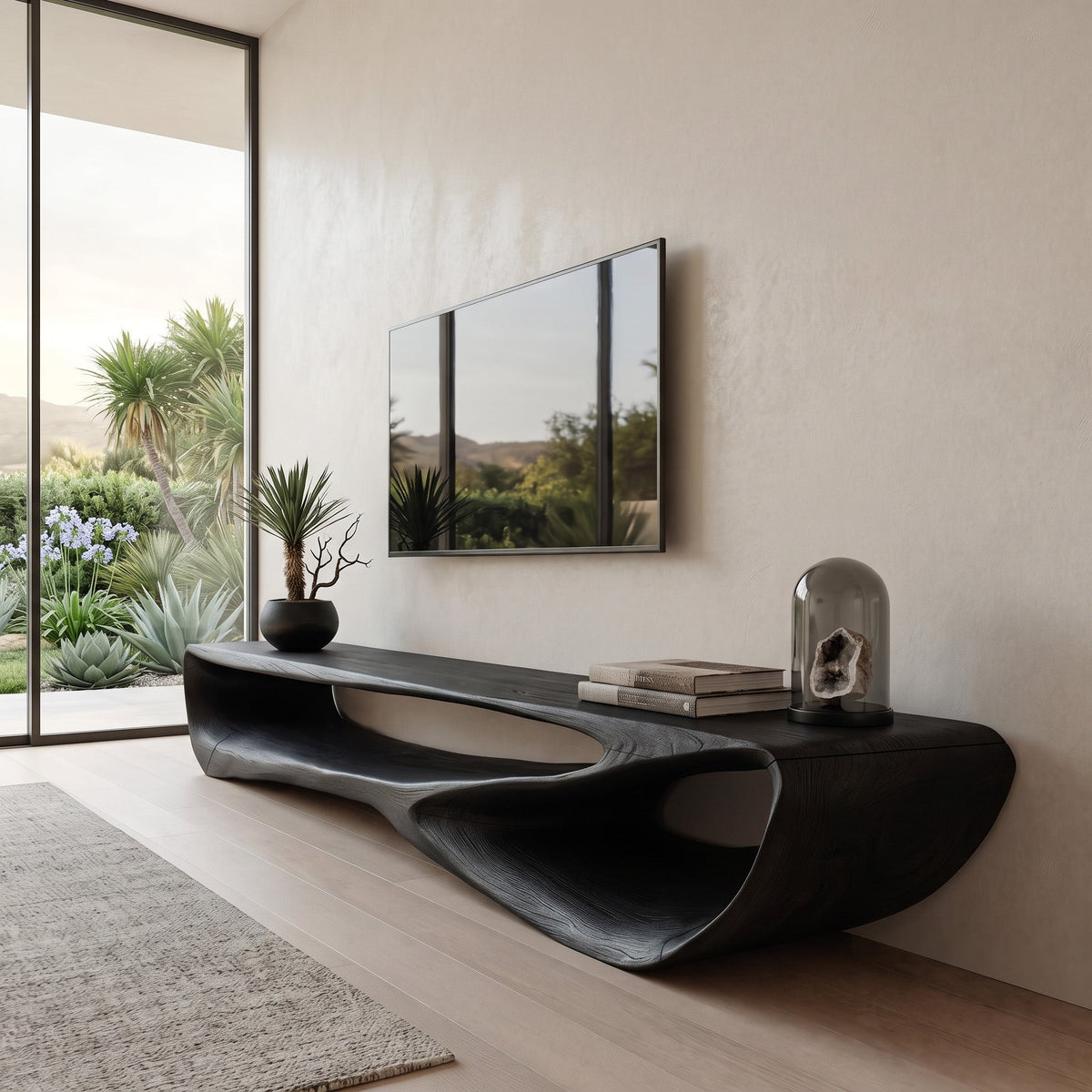 Curved Solid Wood Low TV Console with Open Center in Black finish