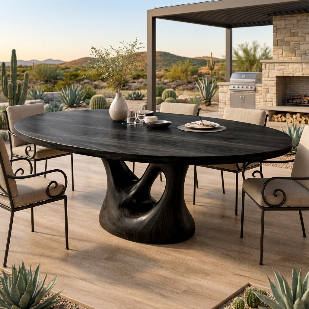 Farmhouse Solid Wood Dining Table with Sculptural Curved Pedestal in Black finish