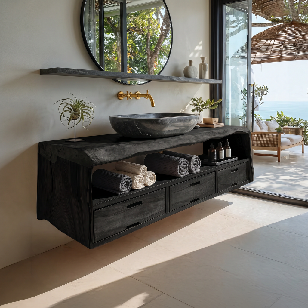 Farmhouse Floating Live Edge Bathroom Vanity in Solid Wood in Black finish