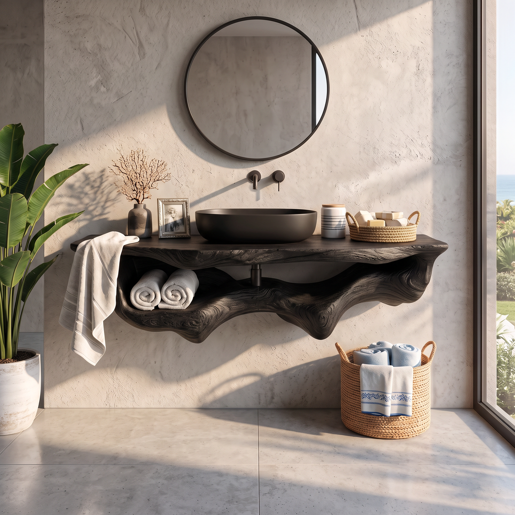 Mid-Century Live Edge Floating Bathroom Vanity Shelf in Black finish