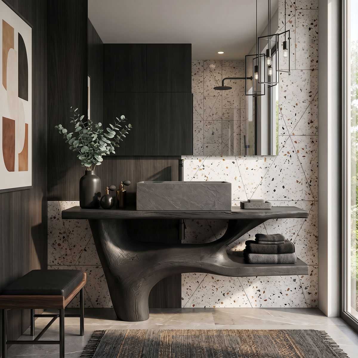 Handcrafted Solid Wood Bathroom Vanity in Natural Rustic Style in Black finish