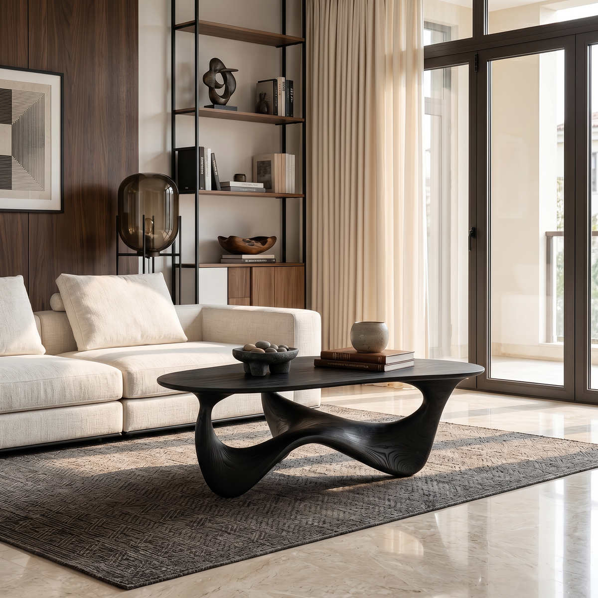 Rustic Solid Wood Low Coffee Table with Natural Grain in Black finish