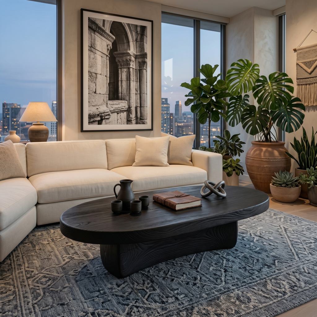 Oval Solid Wood Coffee Table with Sculptural Pedestal Base in Black finish