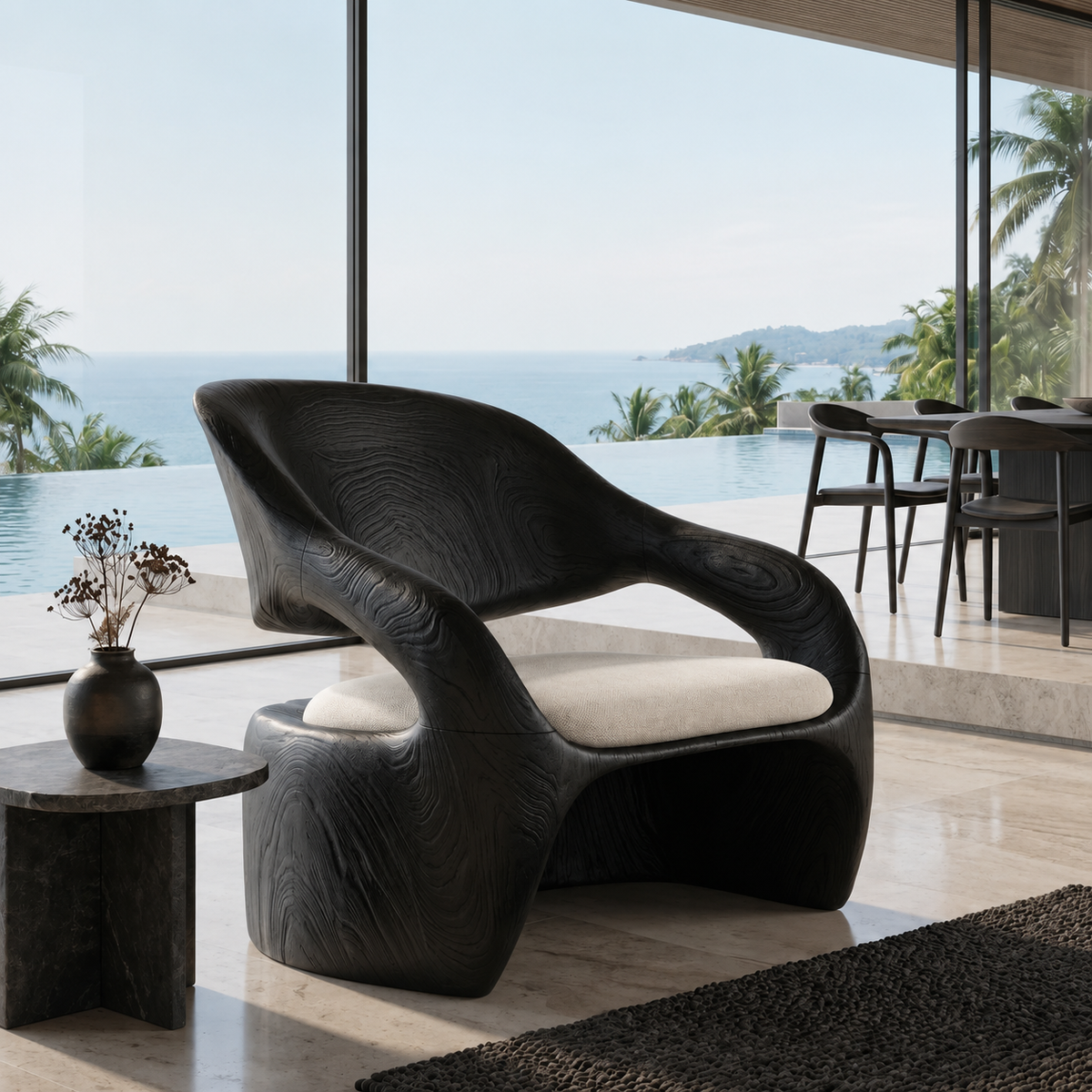 Organic Sculptural Solid Wood Lounge Chair with Wide Seat in Black finish