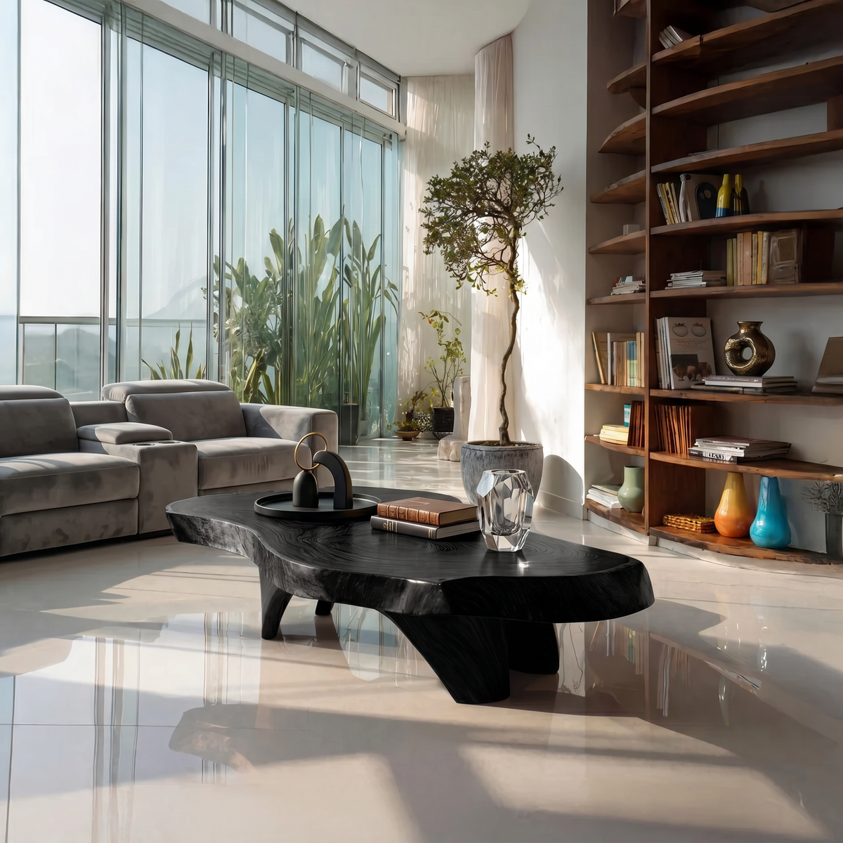 Mid-Century Solid Wood Coffee Table for Compact Living Rooms in Black finish