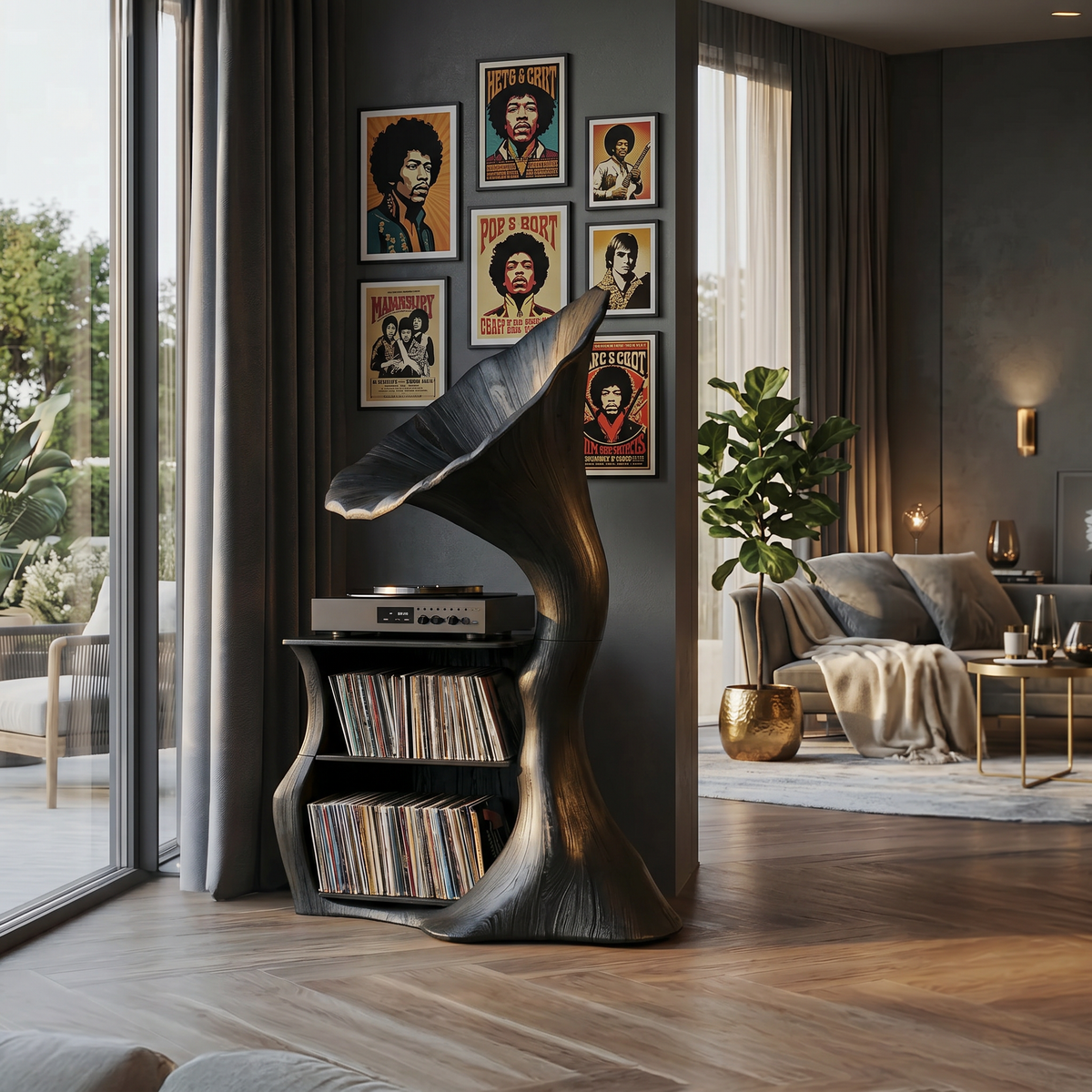 Handcrafted Hardwood Record Player Stand with Cube Storage in Black finish
