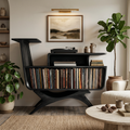 Modern Open Frame Solid Wood Record Player Stand with Vinyl Storage in Black finish
