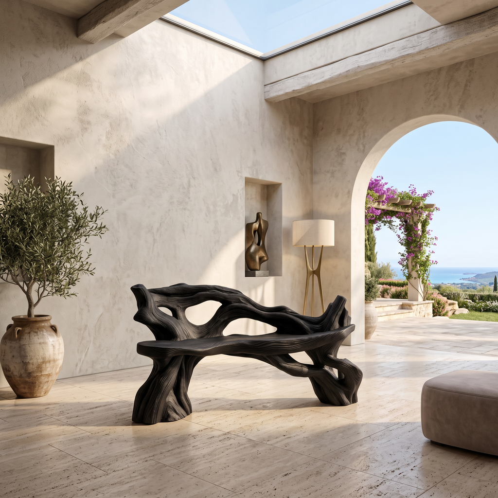 Hand Carved Solid Wood Branch Bench for Garden and Entry in Black finish