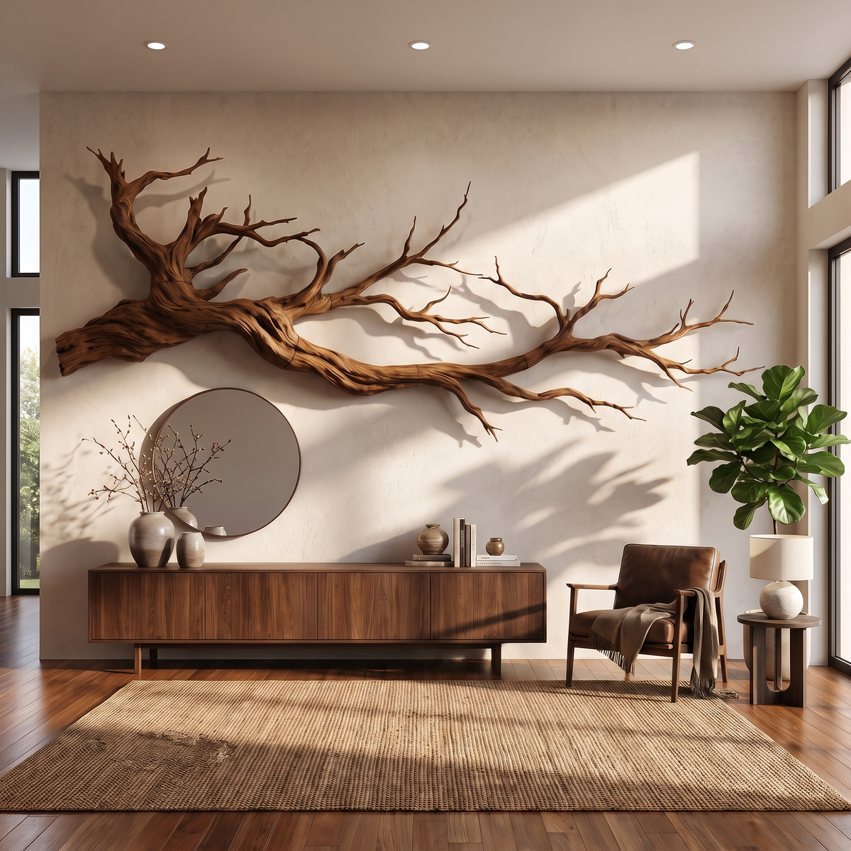 Abstract Tree Root Solid Wood Wall Sculpture, 3D Wall Art in Walnut finish