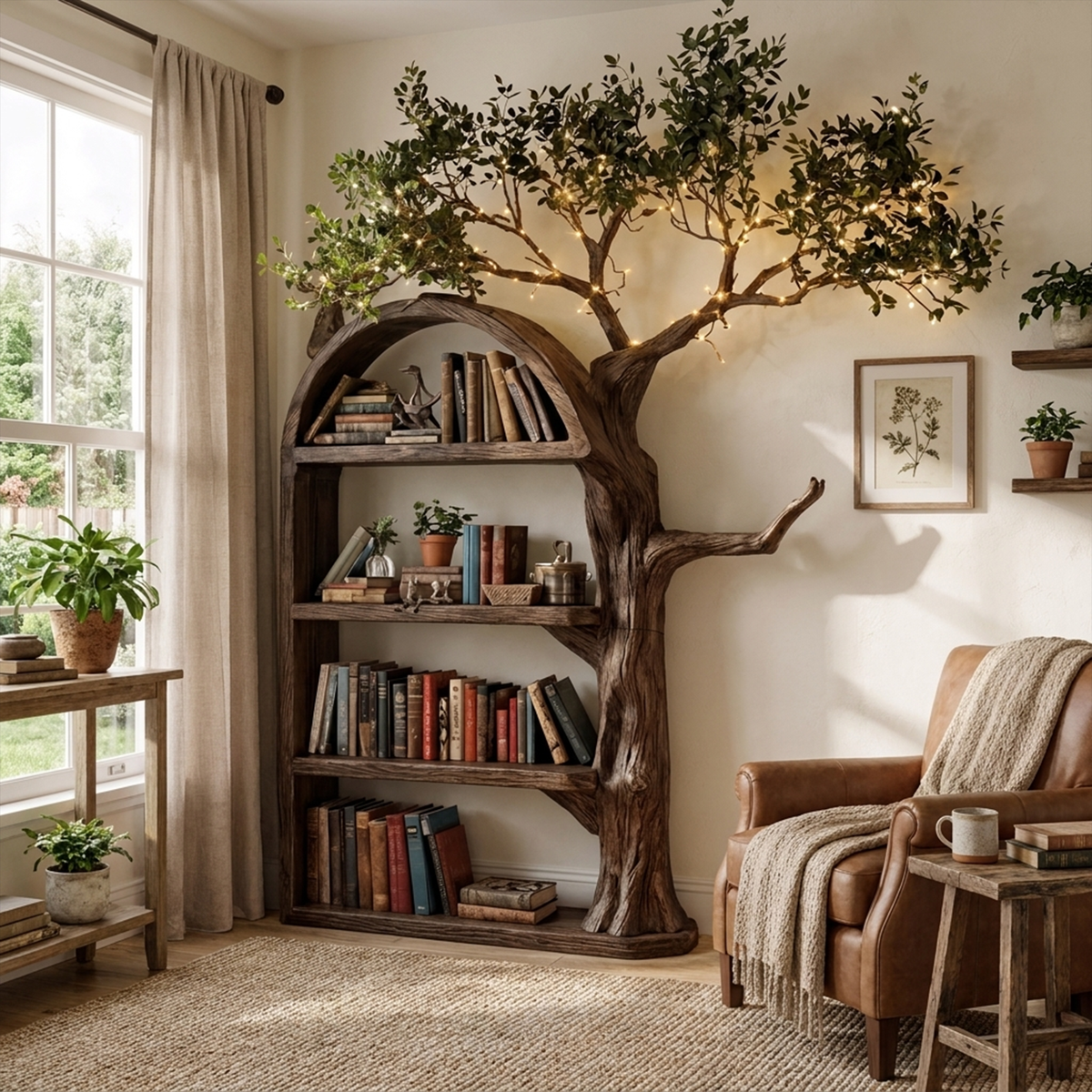 Rustic Tree Branch Wall Bookshelf with Hidden Brackets in Walnut finish