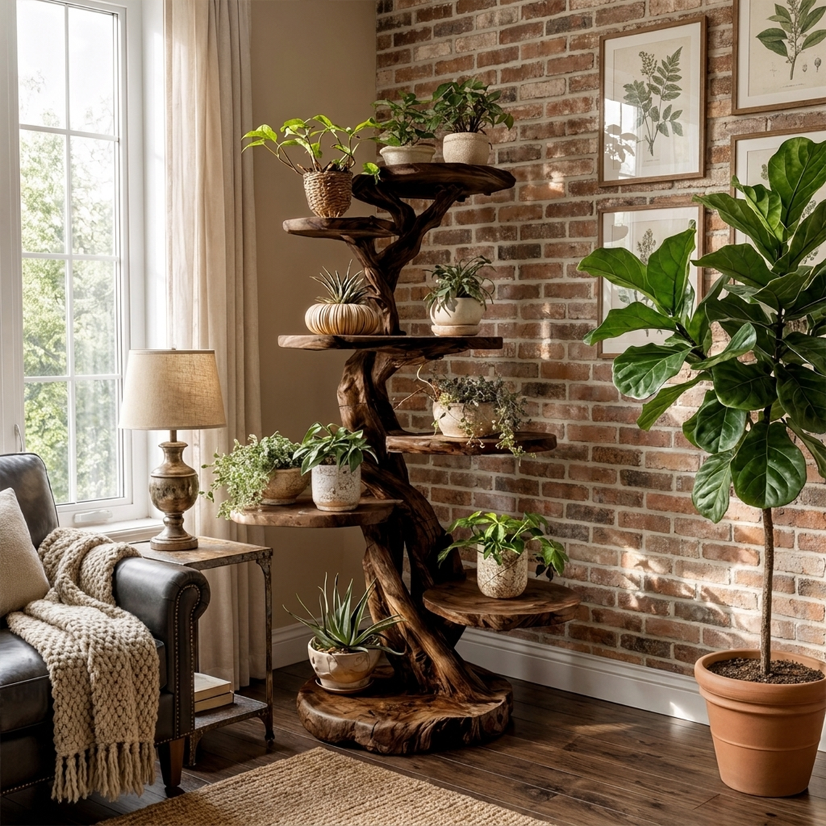 Rustic Solid Wood Tree Plant Shelf with Branch Display Surfaces in Walnut finish