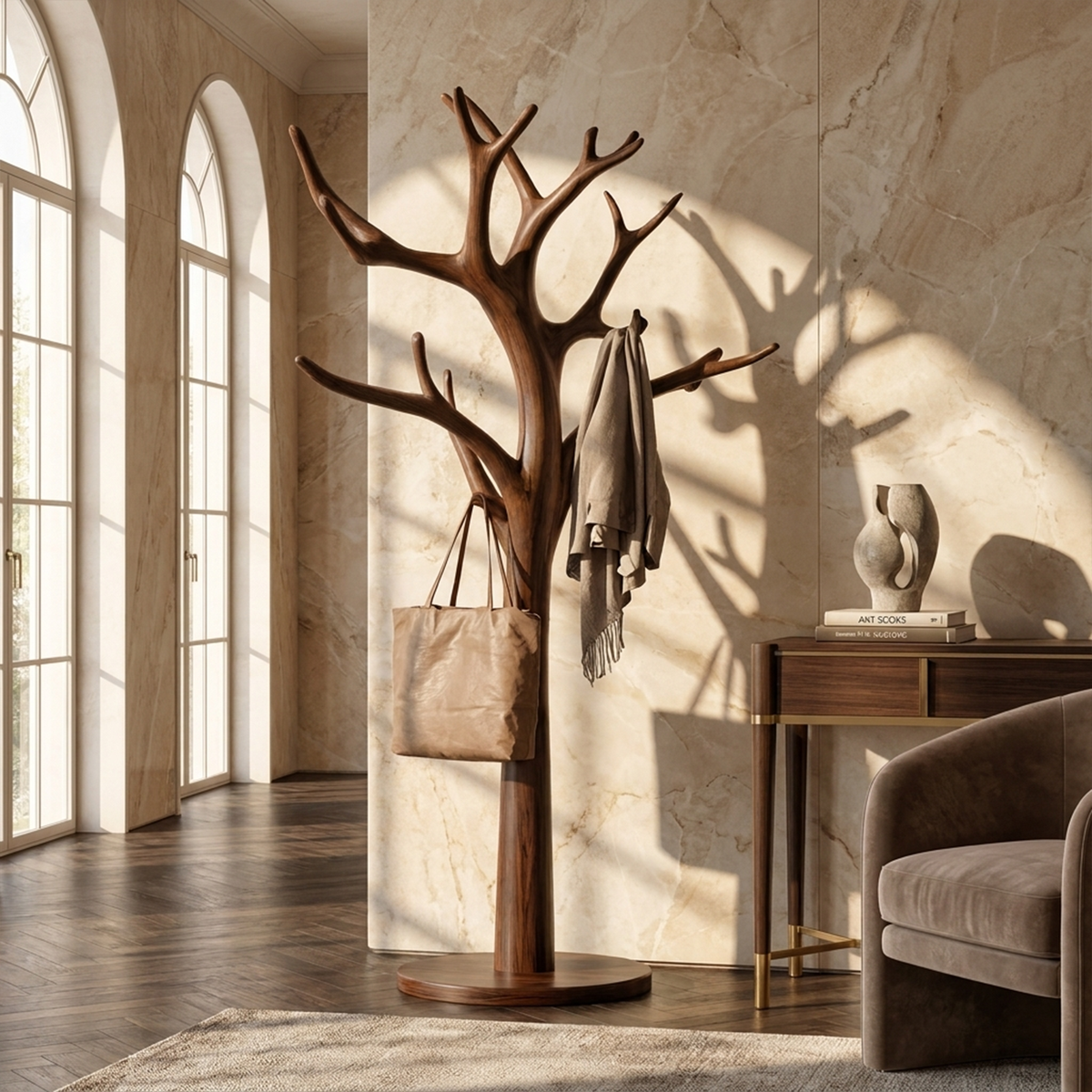 Rustic Driftwood Tree Coat Rack for Entryway and Mudroom in Walnut finish