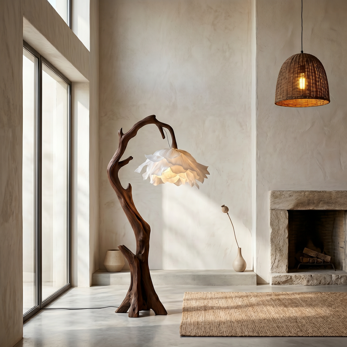Flower Floor Lamp with Handcrafted Solid Wood Base in Walnut finish