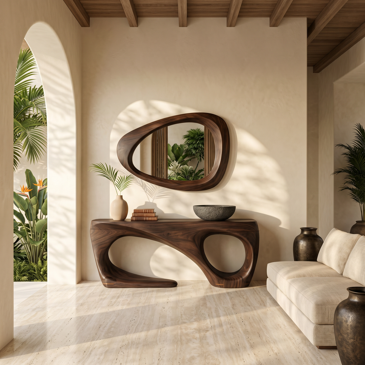 Rustic Solid Wood Console Table with Flowing Sculptural Base in Walnut finish