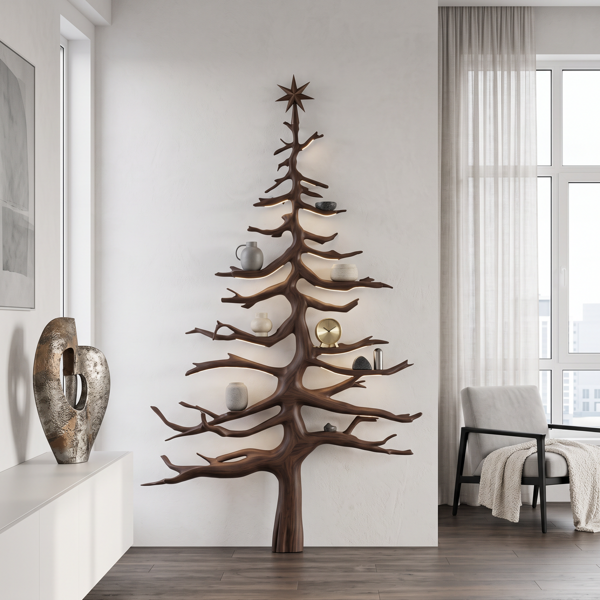 Rustic Pine Tree Wall Shelf with Carved Wood Branches in Walnut finish