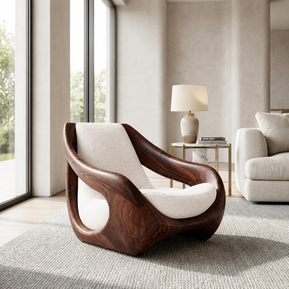 Sculptural Carved Solid Wood Accent Chair with Fluid Form in Walnut finish